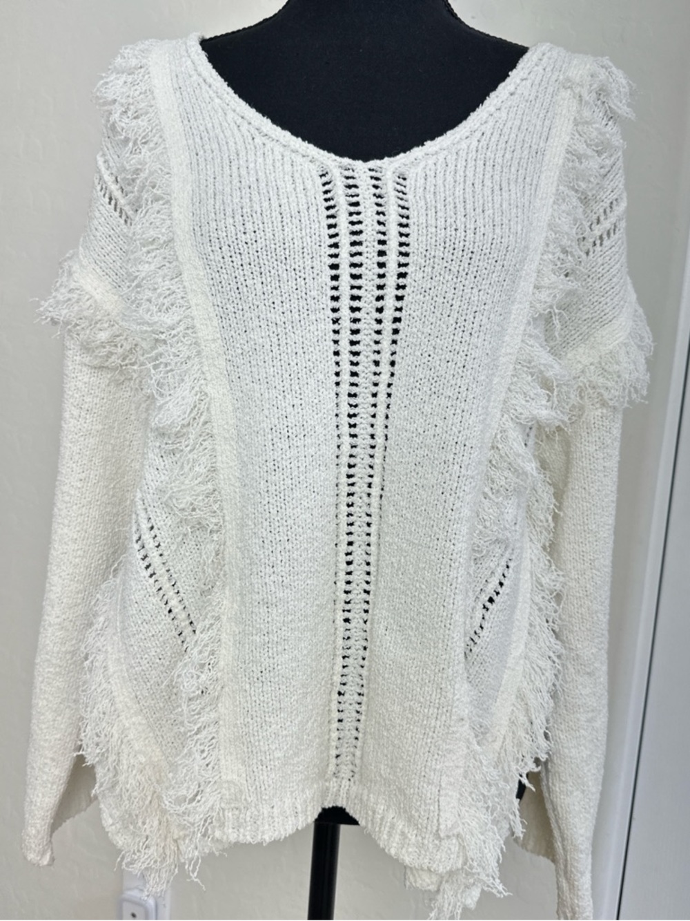Moon River Fringe Open-Knit V-Neck Sweater | Small